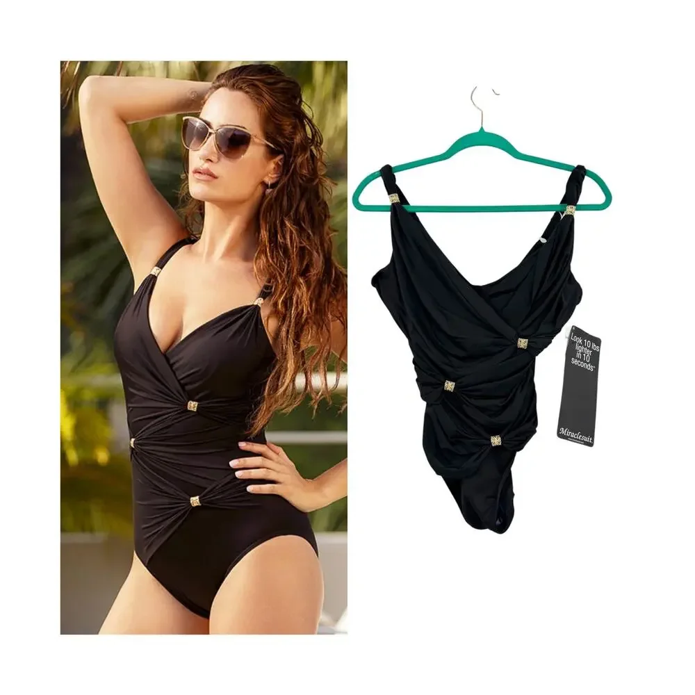 Miraclesuit Go Glam Trieste One Piece Swimsuit Black Ruched Gold NWT Size 10